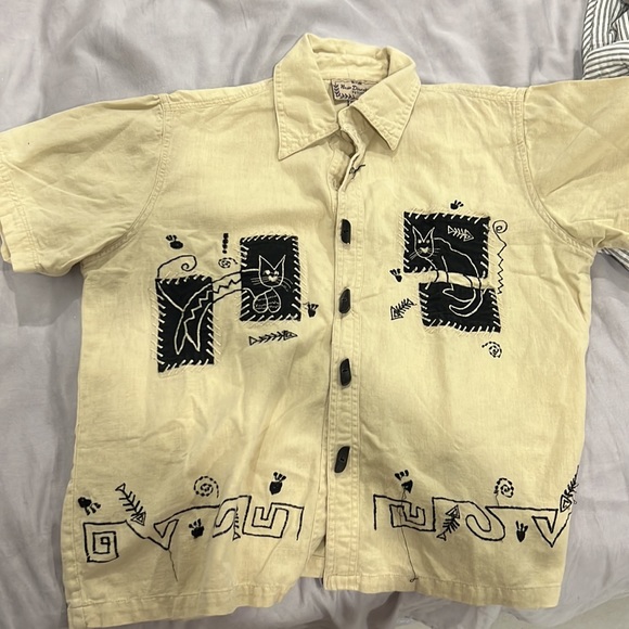 vintage embroidered cat tan button down shirt - Picture 4 of 11